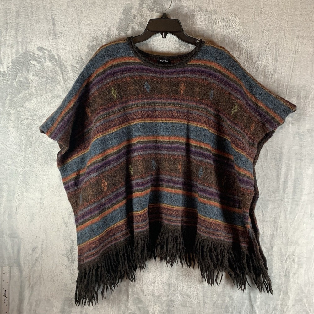 Novica Collection 100% Alpaca Aztec Poncho Fringe Inca Motifs Made In Peru Artsy